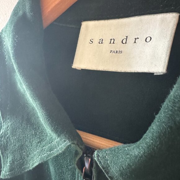 Sandro Lamb Leather Suede Bomber Jacket –Evergreen w/ Metallic Rib Trim – Size S - Picture 2 of 8